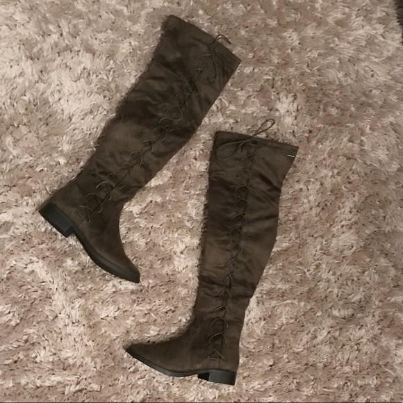 Knee High Olive Lace Up Boots - Picture 2 of 3